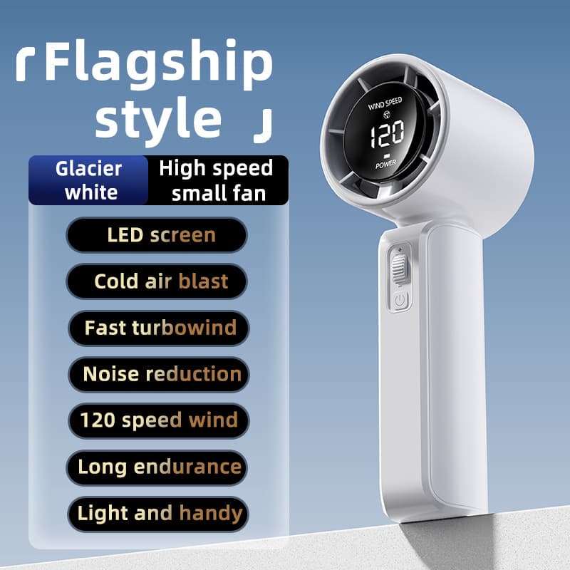 White Portable Handheld Fan with 120-Speed Display - USB Rechargeable Mini