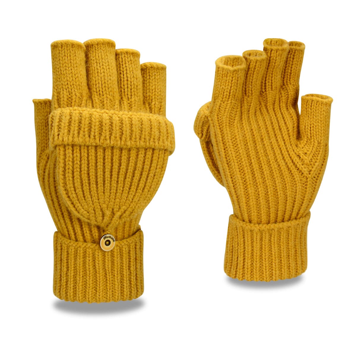 Yellow Winter Convertible Mittens - Warm Knitted 2-in-1 Fingerless Gloves