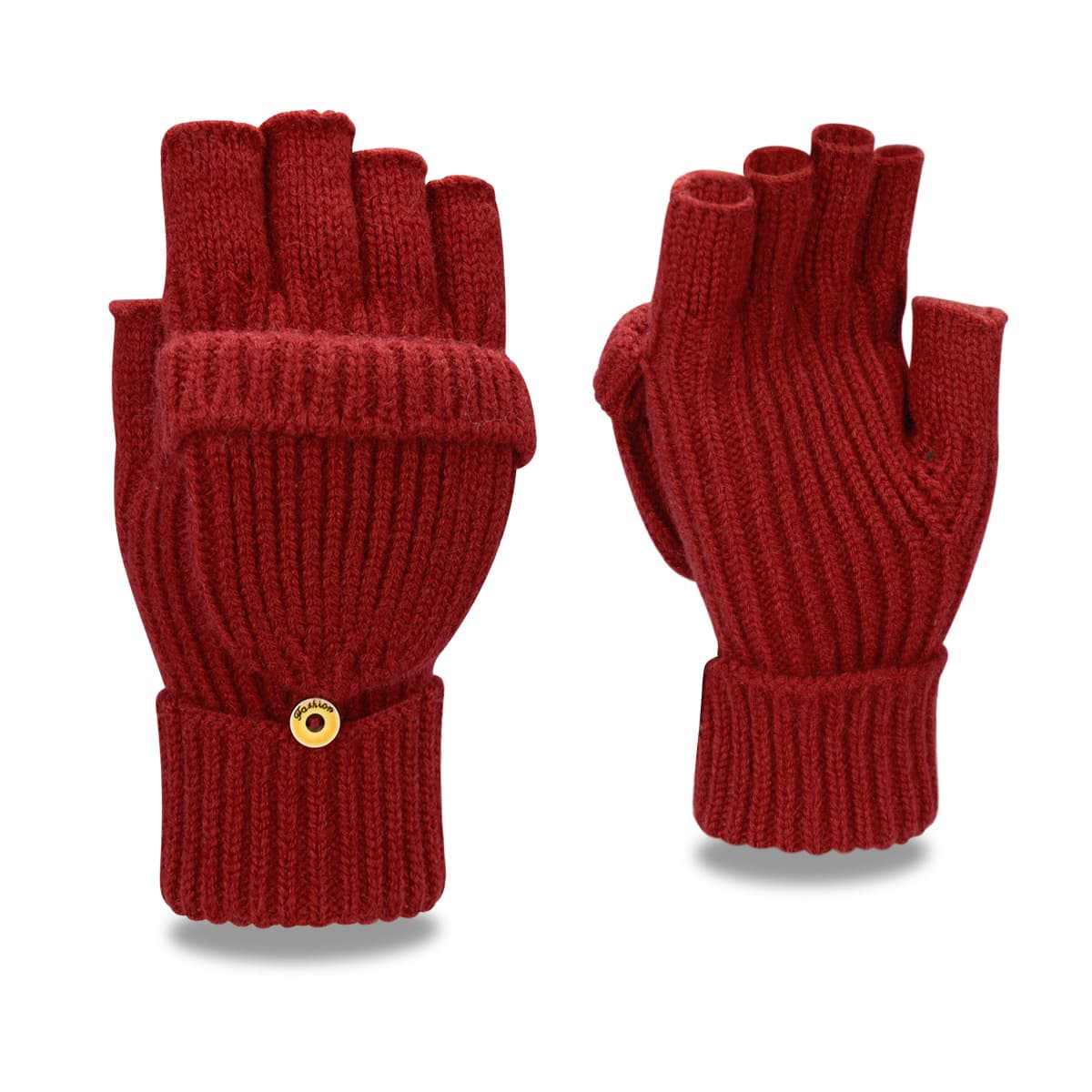 Wine Red Winter Convertible Mittens - Warm Knitted 2-in-1 Fingerless Gloves