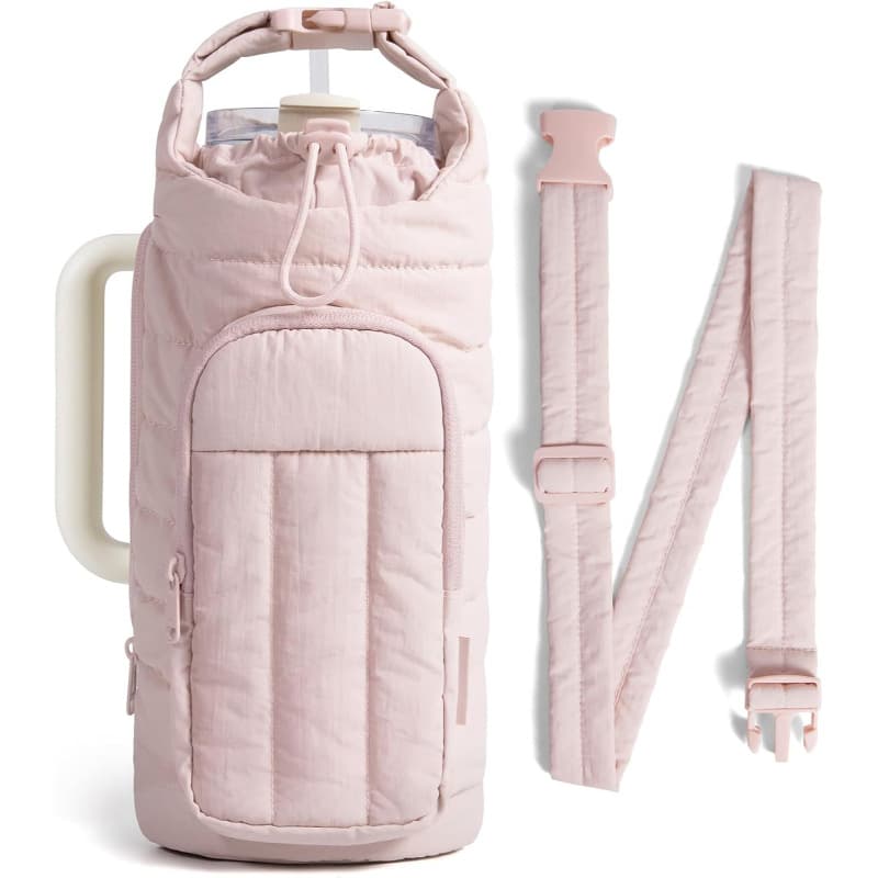 Light Pink Quilted Water Bottle Carrier Bag with Large Phone Pocket