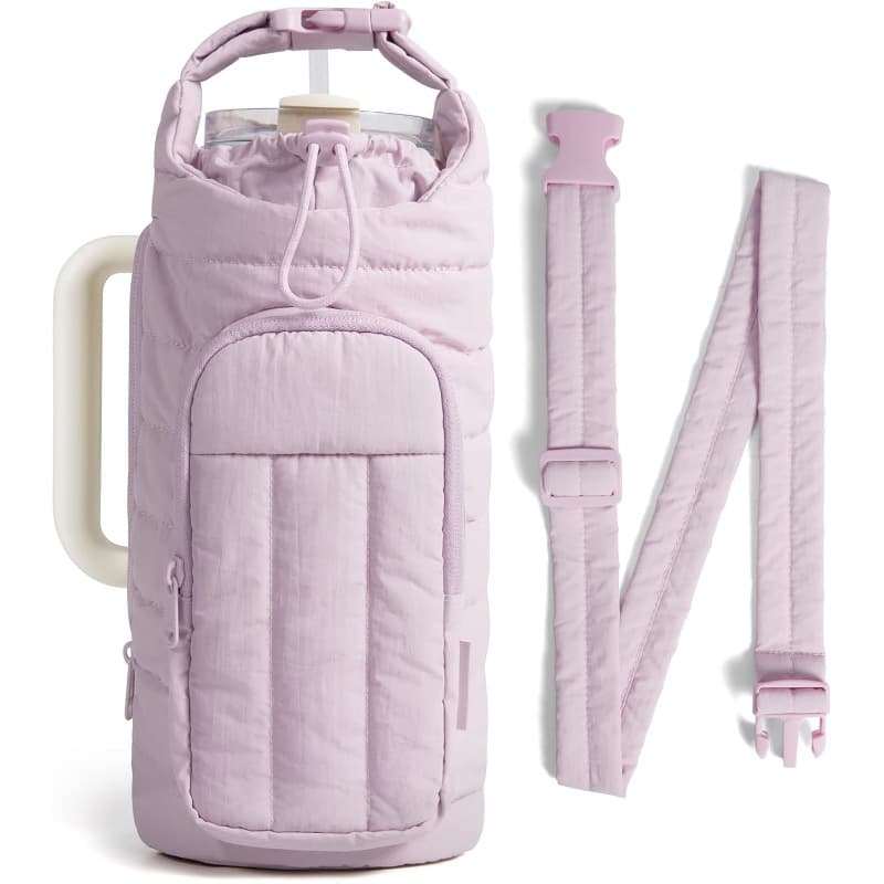 purple Quilted Water Bottle Carrier Bag with Large Phone Pocket - Insulated