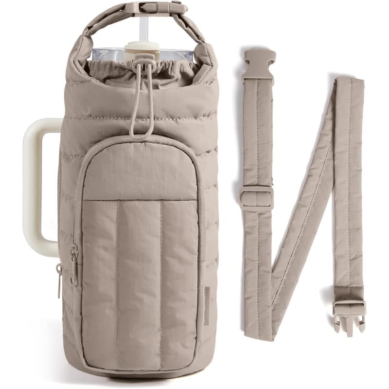 Camel Quilted Water Bottle Carrier Bag with Large Phone Pocket - Insulated