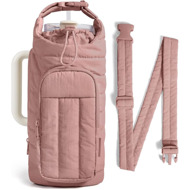 Dark Pink Quilted Water Bottle Carrier Bag with Large Phone Pocket