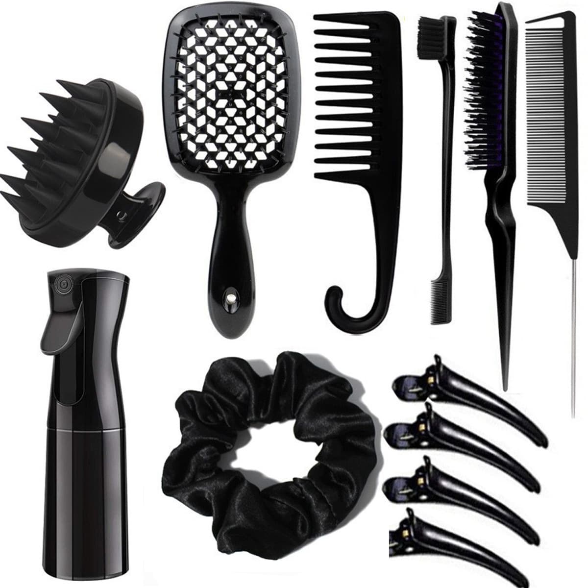 Complete Hair Styling Kit with Detangling Brushes, Combs, Spray - Black