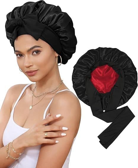 Double-Sided Satin Bonnet with Elastic Band - Black Bright Red