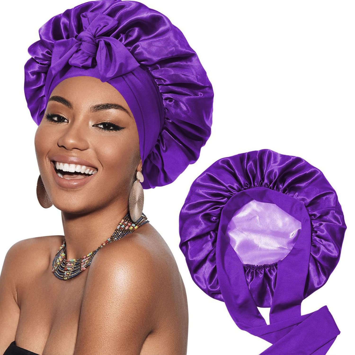 Double-Sided Satin Bonnet with Elastic Band - Purple Light Purple
