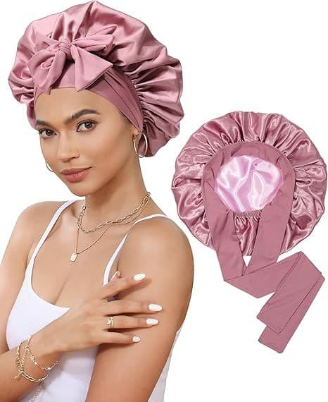 Double-Sided Satin Bonnet with Elastic Band - Leather Red Pink