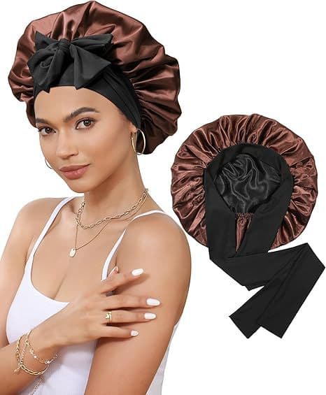 Double-Sided Satin Bonnet with Elastic Band - Black - Black + brown lining