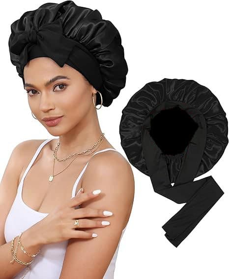 Double-Sided Satin Bonnet with Elastic Band (Black + black lining)