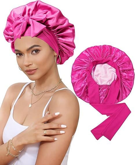 Double-Sided Satin Bonnet with Elastic Band - Rose - Rose red + pink lining