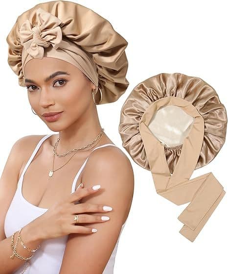 Double-Sided Satin Bonnet with Elastic Band - Khaki - Khaki + beige lining