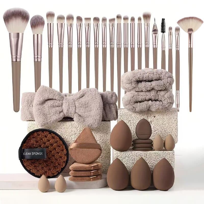 40-Piece Ultimate Beauty Tool Kit for Face Cleansing and Makeup (Brown)