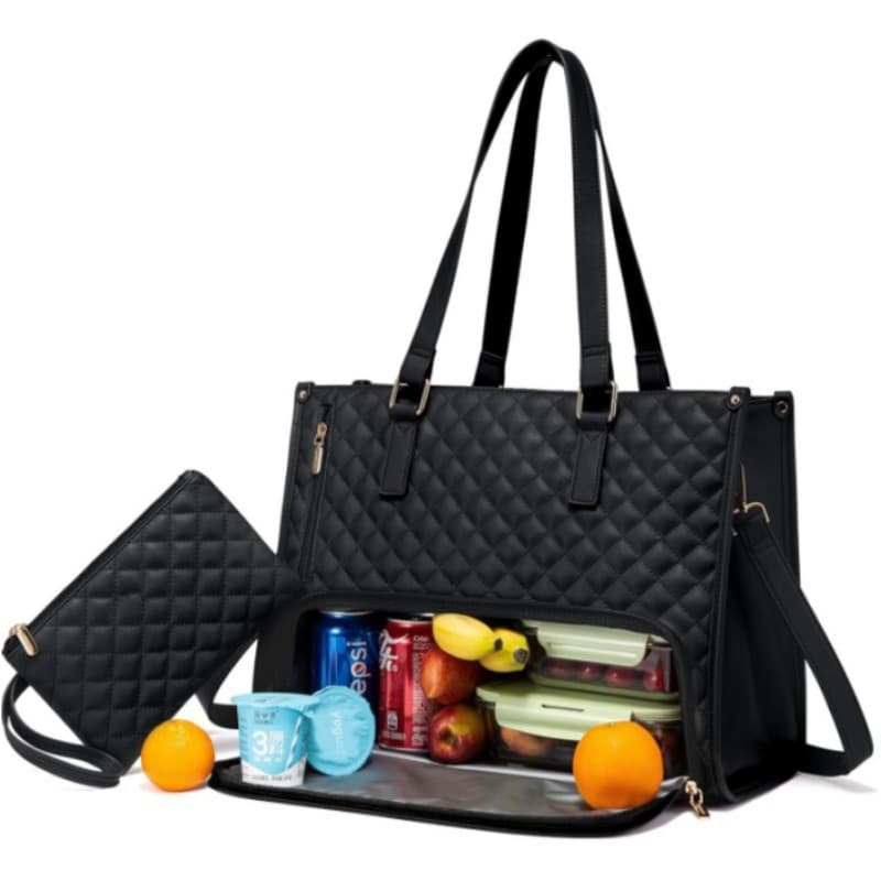 Quilted Laptop & Lunch Tote Bag, Water-Resistant with Insulated - Black