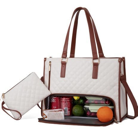 Quilted Laptop & Lunch Tote Bag, Water-Resistant with Insulated - White
