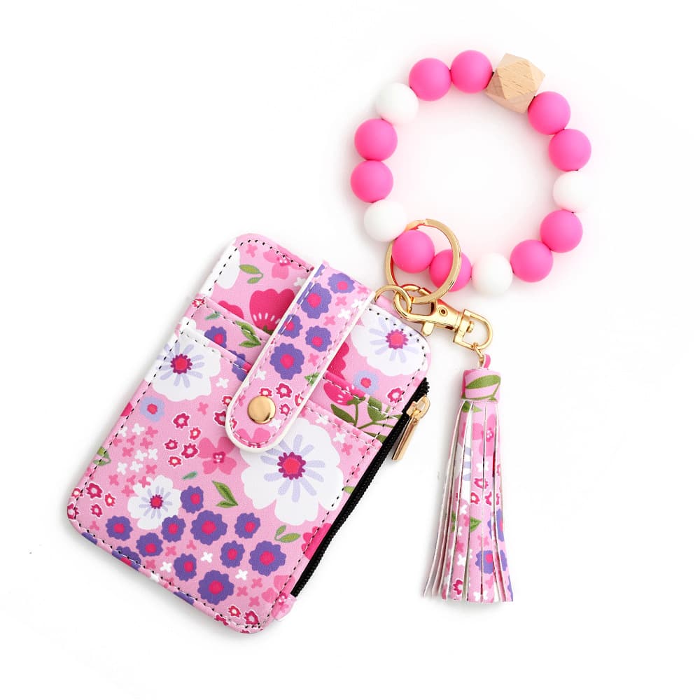 Floral Slim Card Holder Wallet with Beaded Keychain Bracelet - Rose red