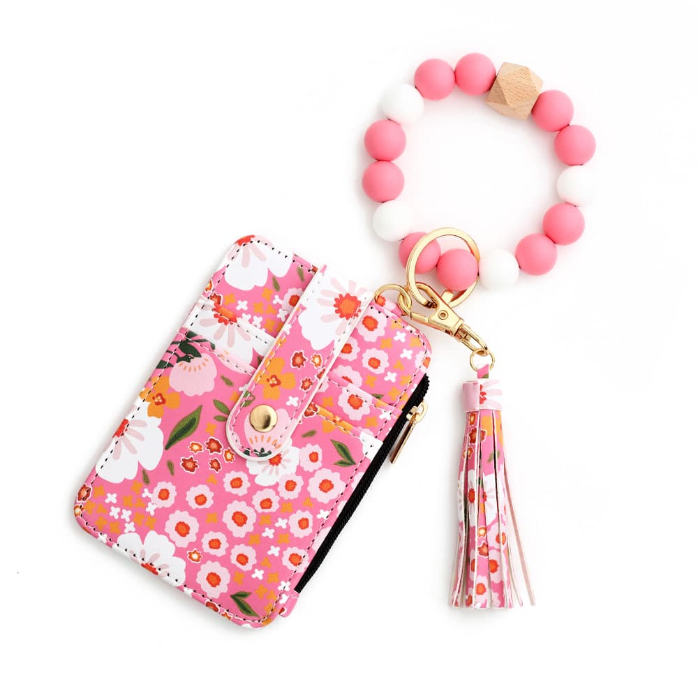 Floral Slim Card Holder Wallet with Beaded Keychain Bracelet - Dark Pink