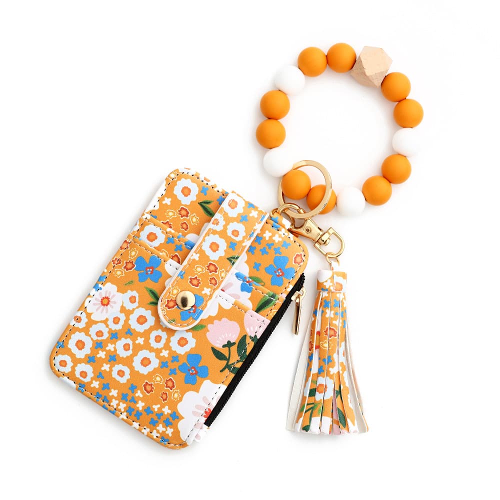 Floral Slim Card Holder Wallet with Beaded Keychain Bracelet - Yellow
