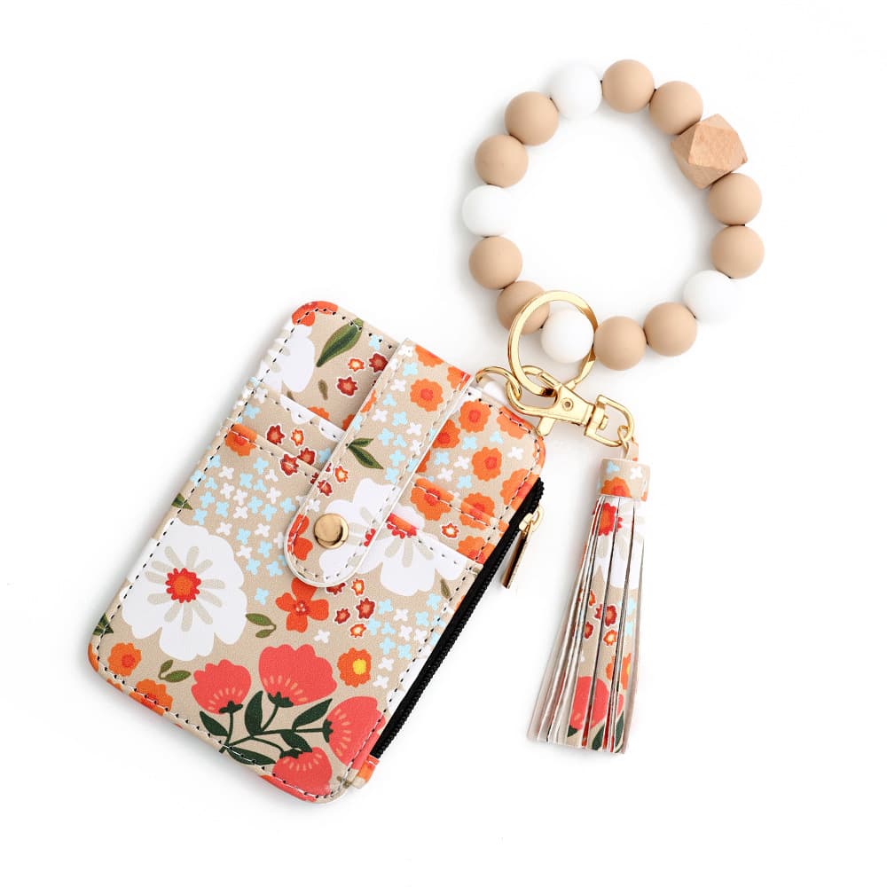 Floral Slim Card Holder Wallet with Beaded Keychain Bracelet - Khaki