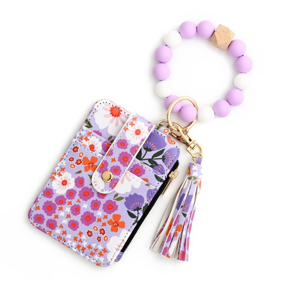 Floral Slim Card Holder Wallet with Beaded Keychain Bracelet - Light purple