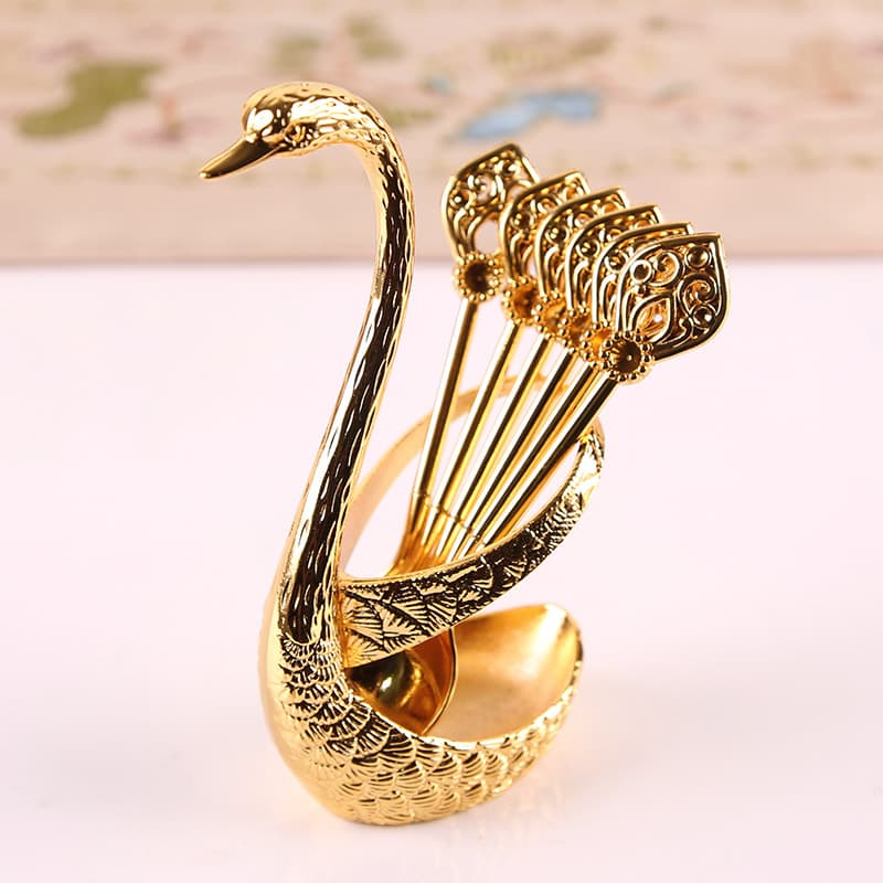 Gold Swan Cutlery Holder Set with 6 Dessert Spoons