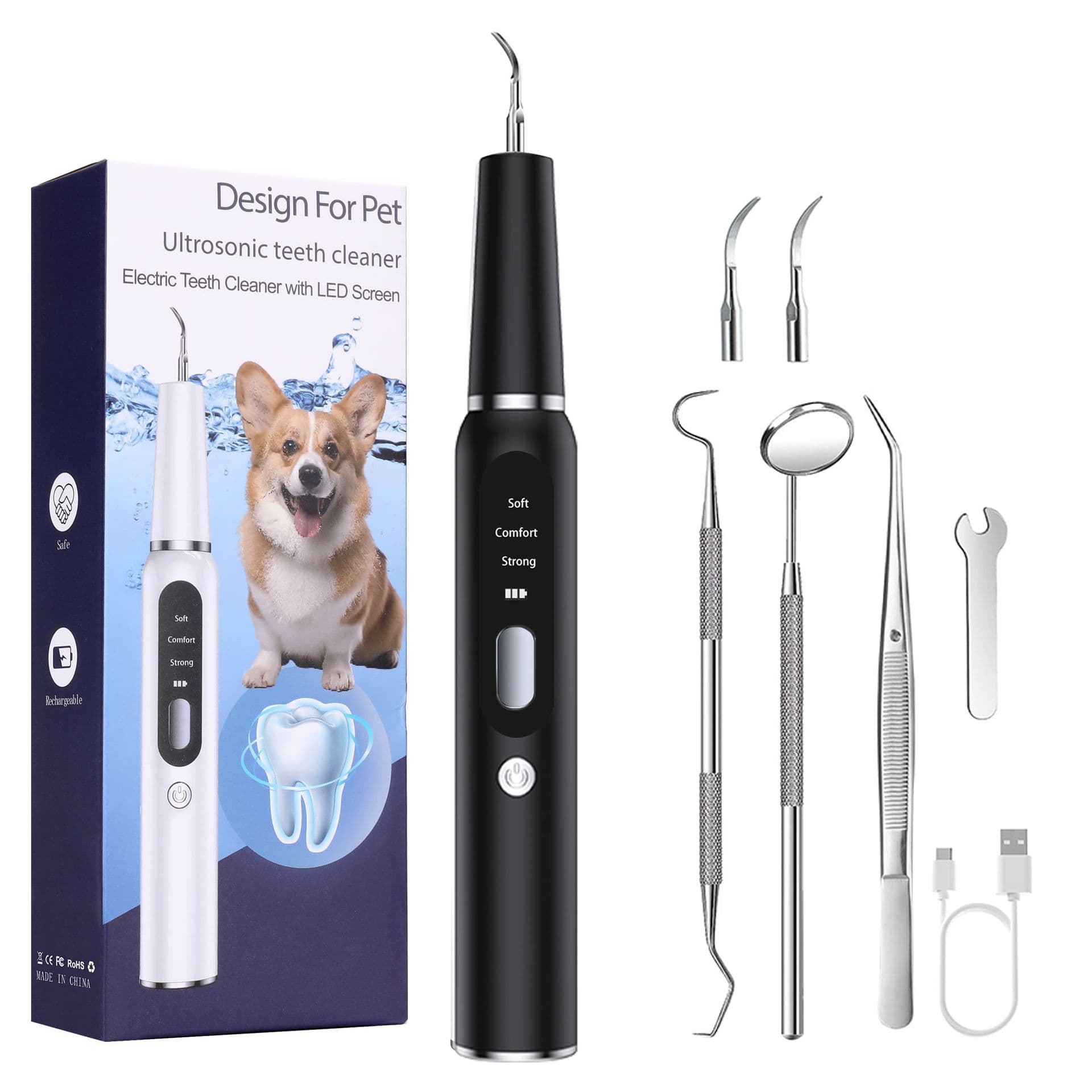 Black Professional Pet Dental Cleaning Kit - Ultrasonic Scaler, Tools & 3