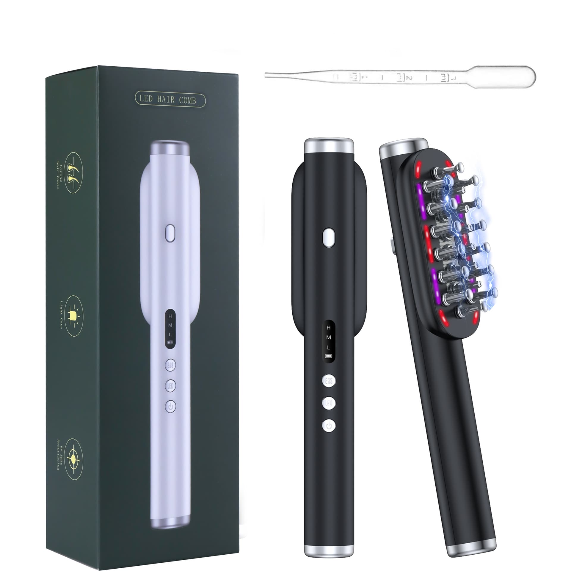 Black Vibrating Scalp Massager Comb - LED Therapy & Oil Infuser for Hair