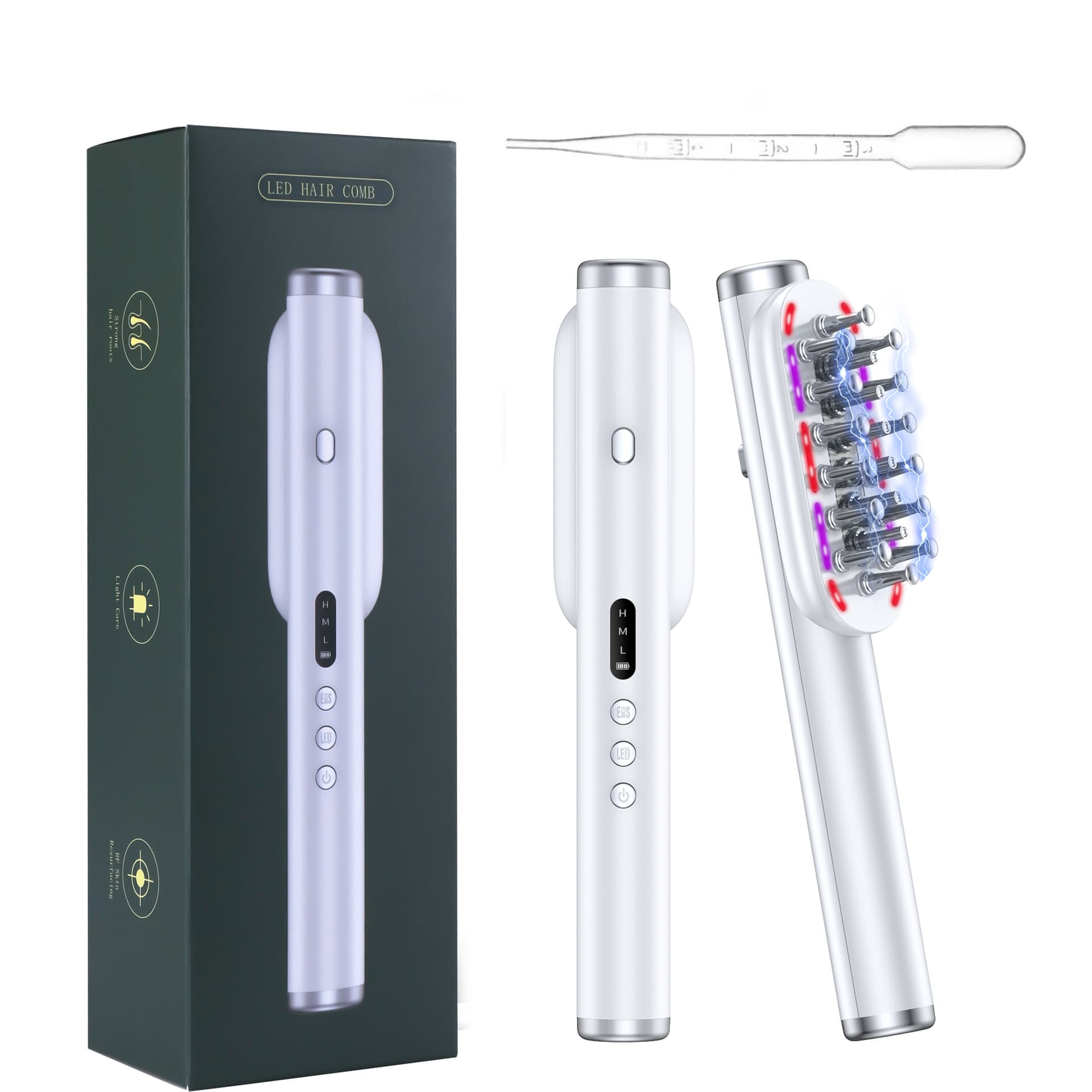White Vibrating Scalp Massager Comb - LED Therapy & Oil Infuser for Hair
