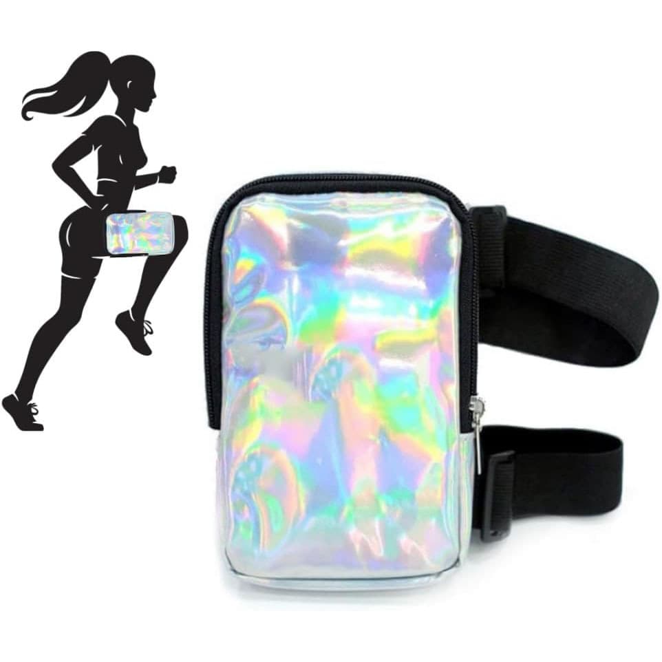 Silver Shiny Holographic Thigh Holster Bag - Hands-Free Festival & Hiking