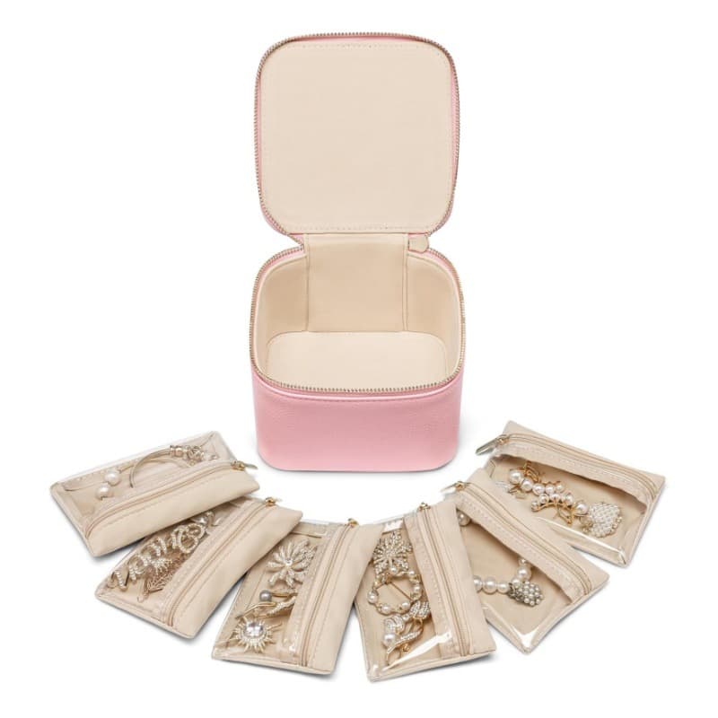 Pink Compact Travel Jewelry Box with 6 Individual Velvet Zipper Pouches