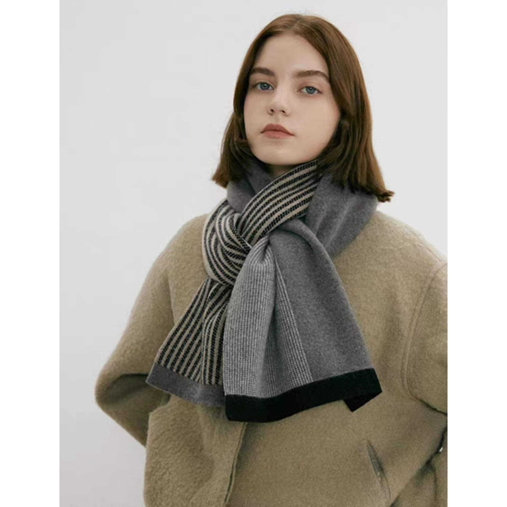 Grey Color Block Striped Scarf -Men's & Women's Versatile, Winter Warmth 165