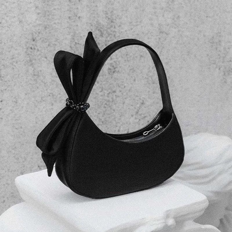 Black Crescent Bag with Statement Bow - PU Leather Shoulder Purse