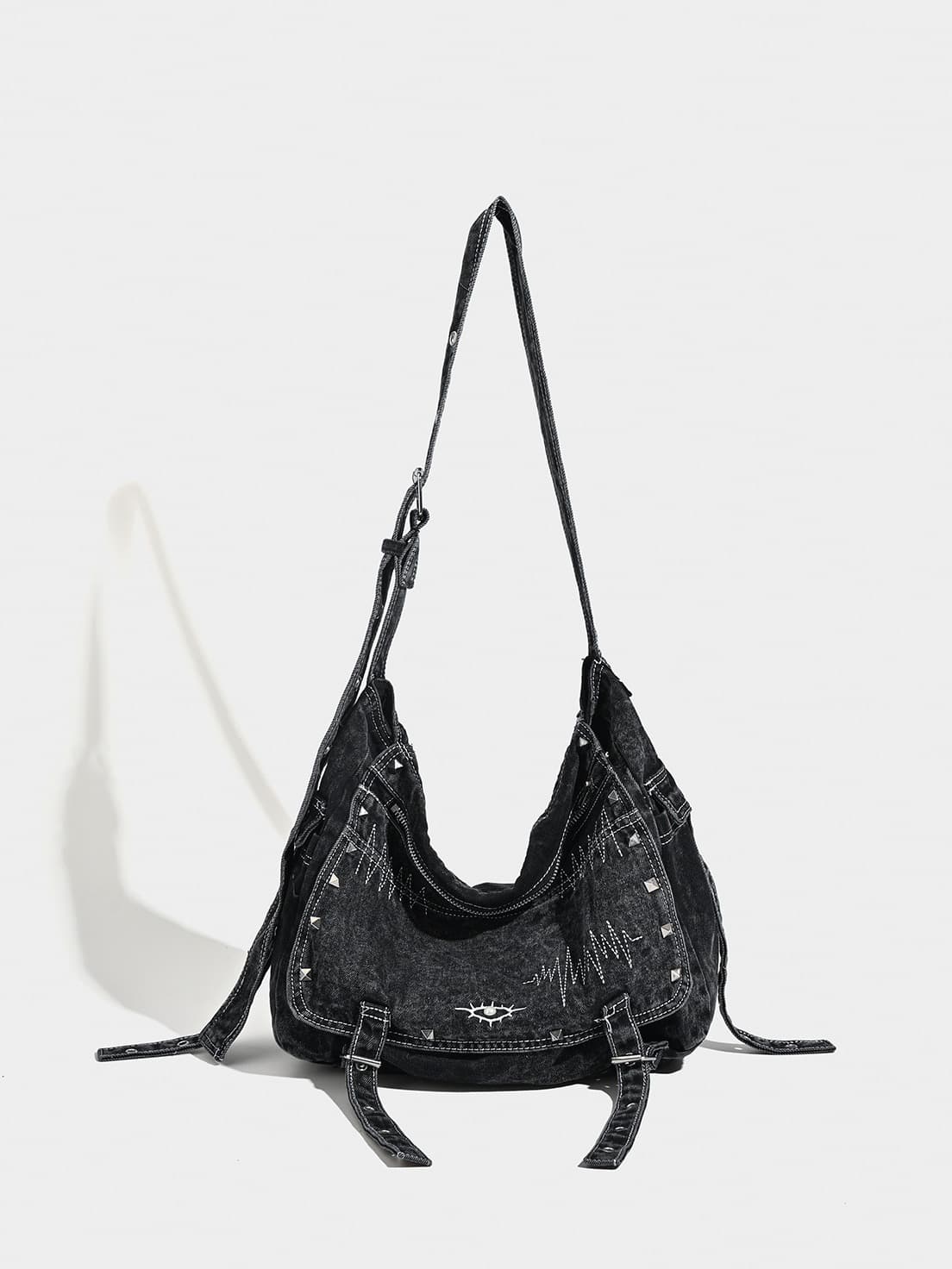 Distressed Black Denim Messenger Bag - Rivet Detail, Adjustable Strap