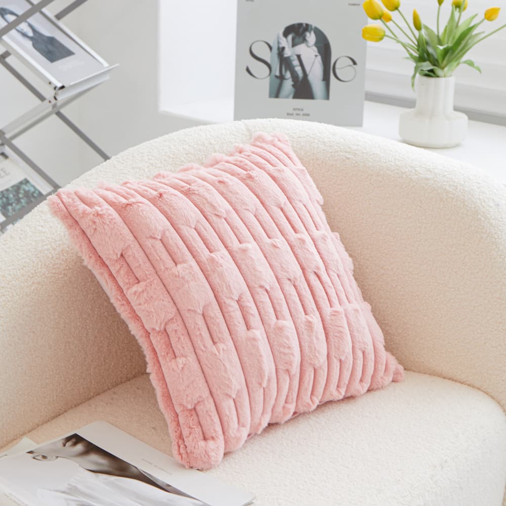 A pair of pink Plush Faux Rabbit Fur Throw Pillow Cover - 45 × 45 cm