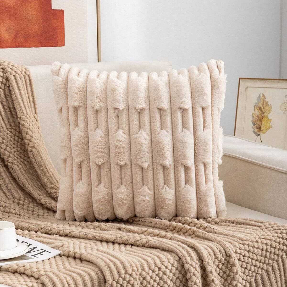 A pair of Khaki Plush Faux Rabbit Fur Throw Pillow Cover - 45 × 45 cm