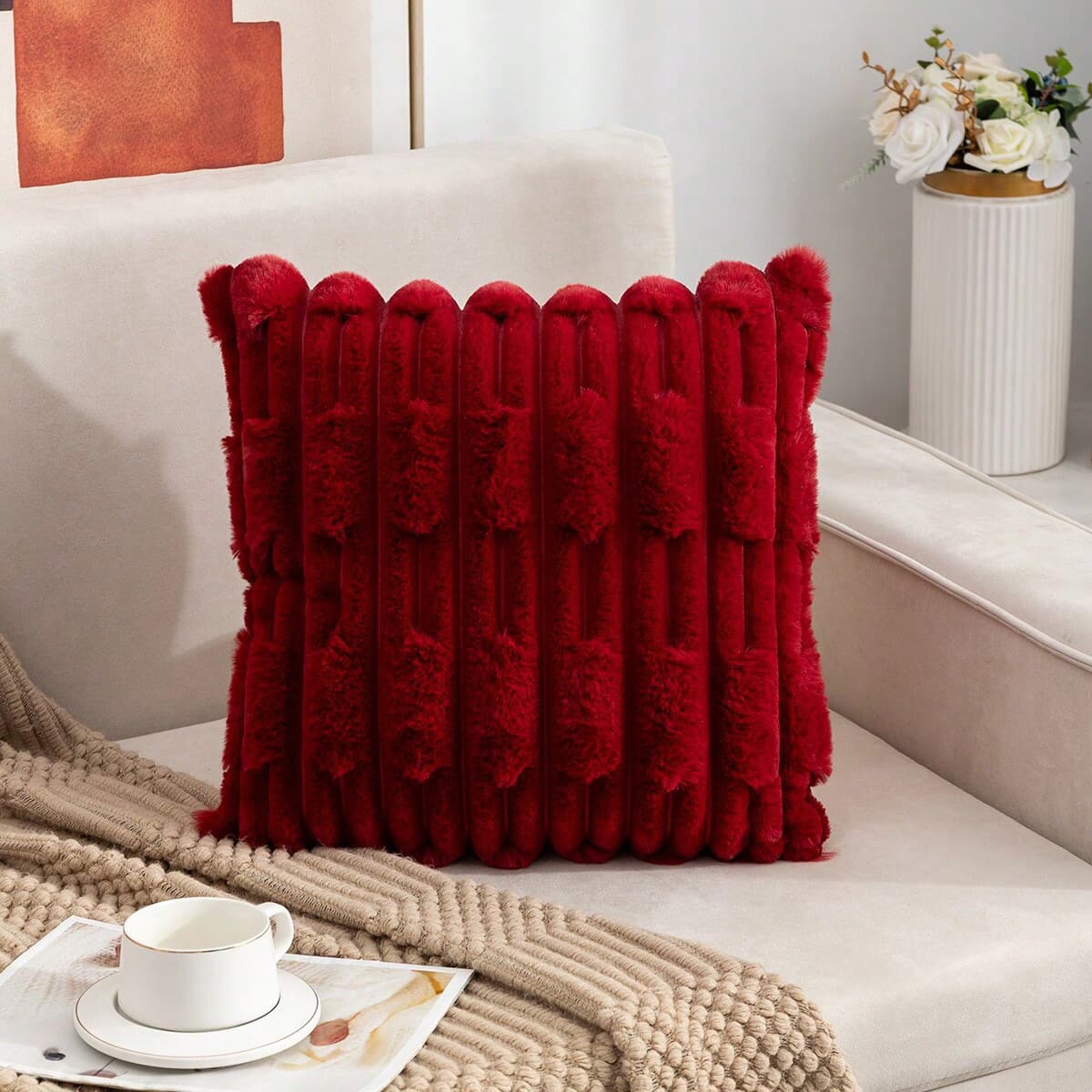 A pair of Red Plush Faux Rabbit Fur Throw Pillow Cover - 45 × 45 cm