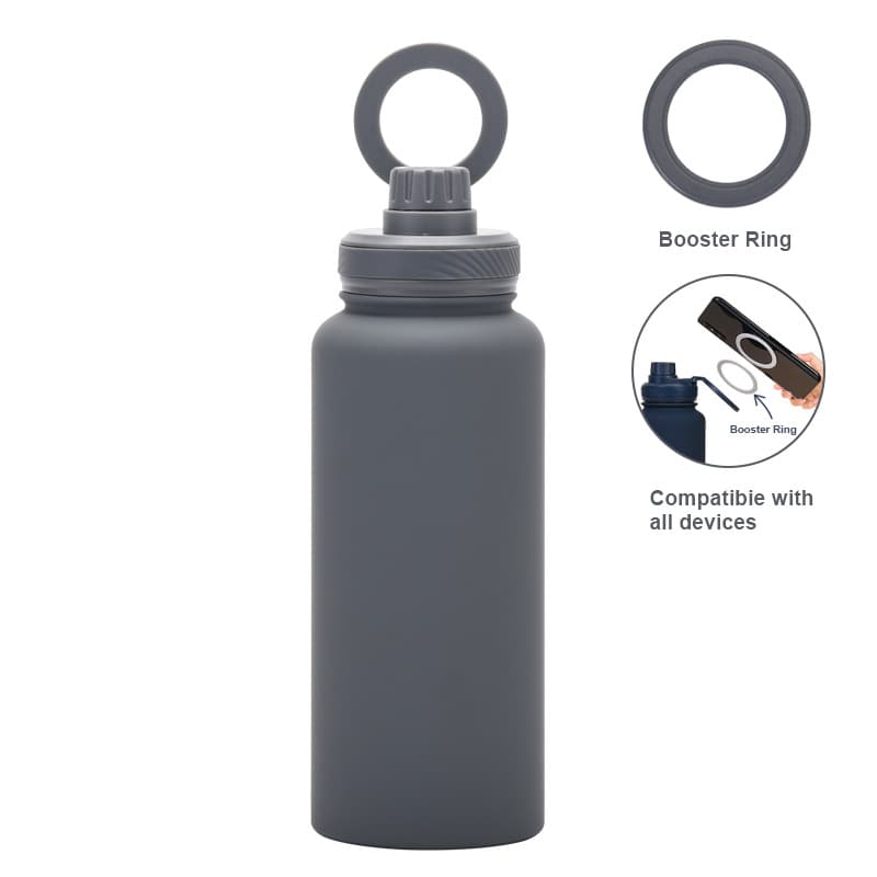 Grey 1L Stainless Steel Water Bottle with Magnetic Phone Holder Lid