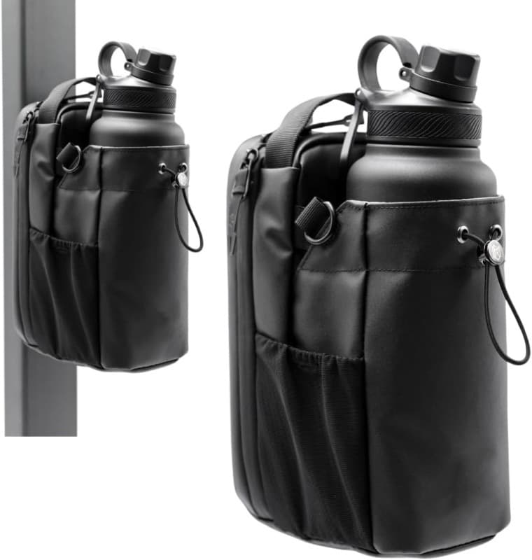 Black Magnetic Gym Water Bottle Holder Bag - Crossbody Sling Pouch