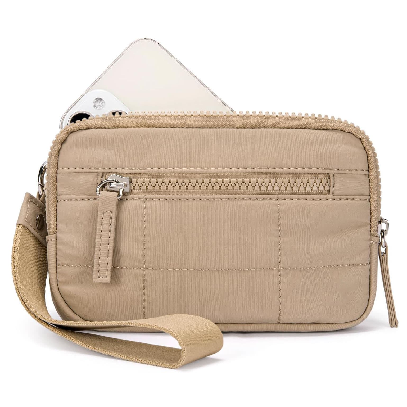 Khaki RFID Blocking Nylon Wristlet Clutch Wallet - Compact Waterproof Pouch