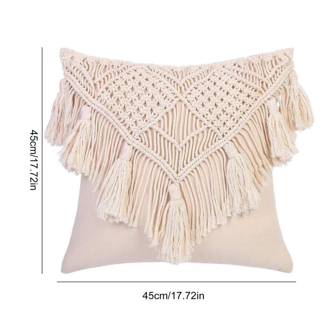 Beige Boho Macrame Cushion Cover - Handmade Woven Cotton Linen - Cover Only