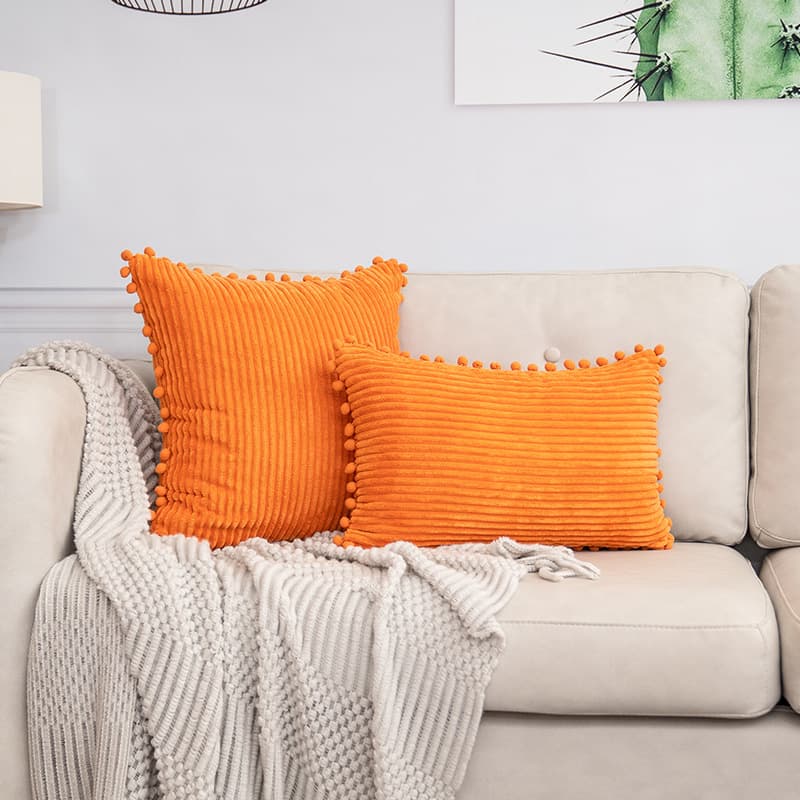 Orange Soft Corduroy Cushion Cover Set (1 Square + 1 Rectangular) with Pom