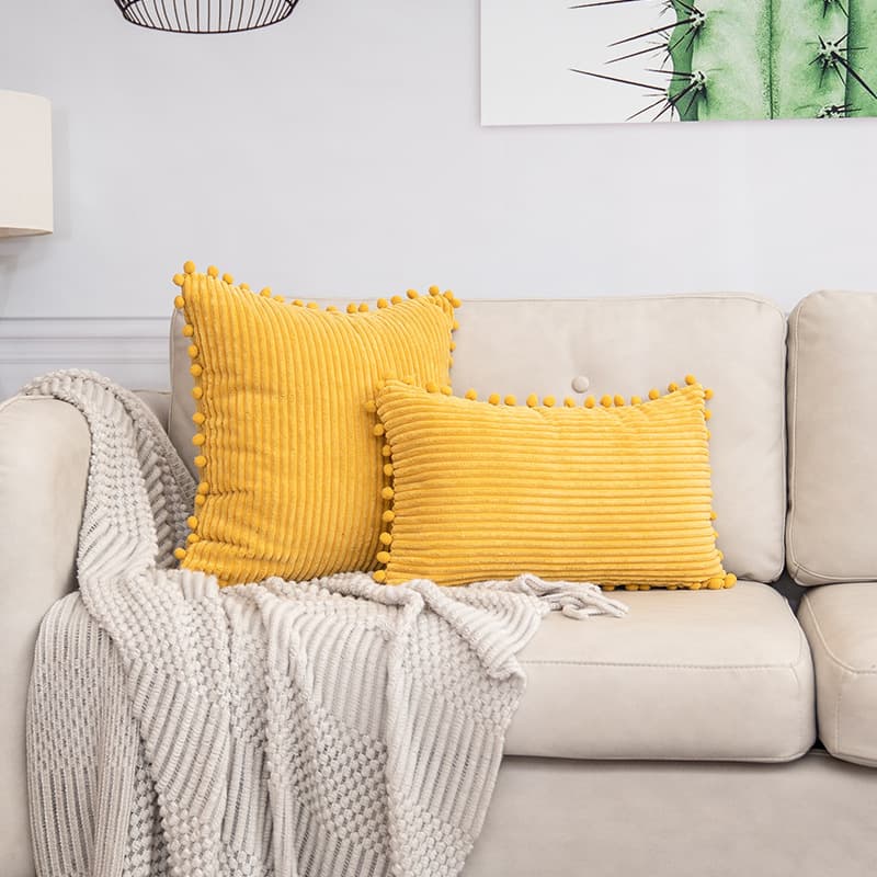 Yellow Soft Corduroy Cushion Cover Set (1 Square + 1 Rectangular) with Pom