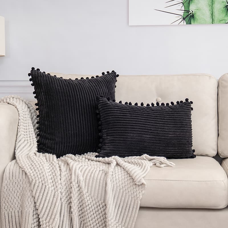 Black Soft Corduroy Cushion Cover Set (1 Square + 1 Rectangular) with Pom