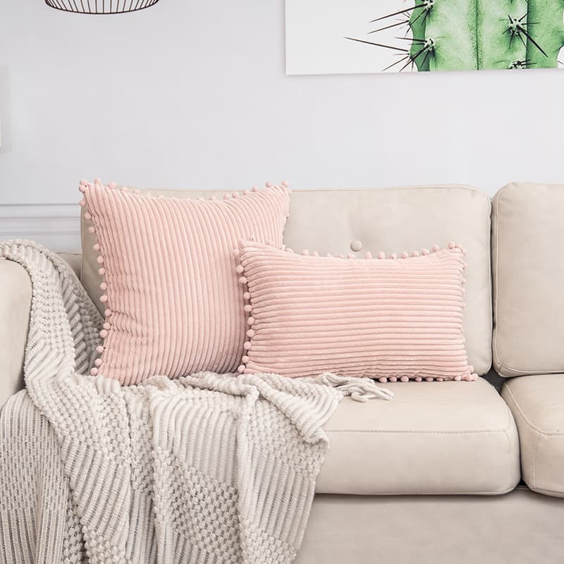Pink Soft Corduroy Cushion Cover Set (1 Square + 1 Rectangular) with Pom