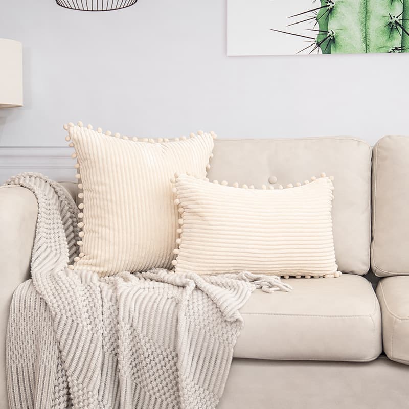 Beige Soft Corduroy Cushion Cover Set (1 Square + 1 Rectangular) with Pom