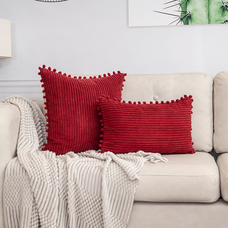 Red Soft Corduroy Cushion Cover Set (1 Square + 1 Rectangular) with Pom Trim