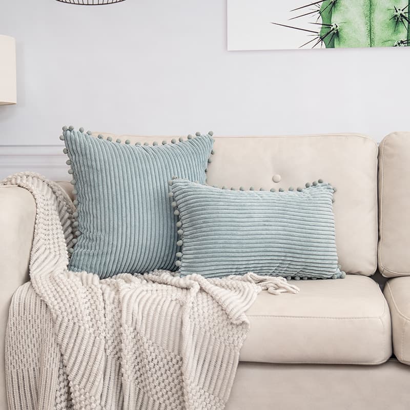 Blue Soft Corduroy Cushion Cover Set (1 Square + 1 Rectangular) with Pom