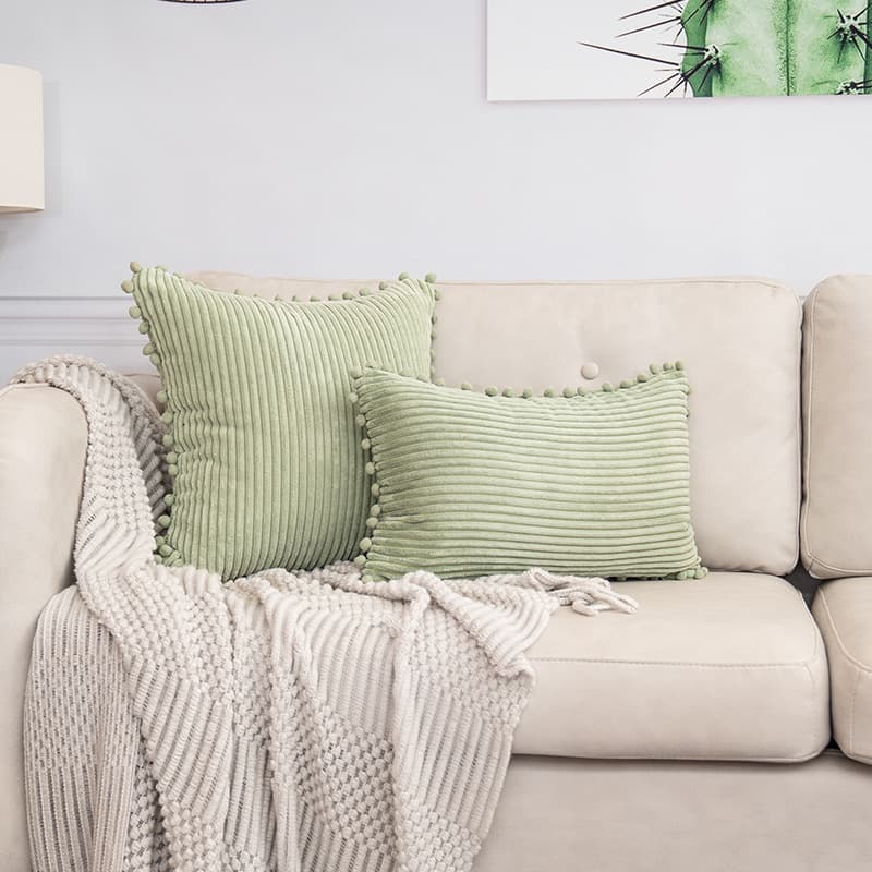 Light Green Soft Corduroy Cushion Cover Set (1 Square + 1 Rectangular)