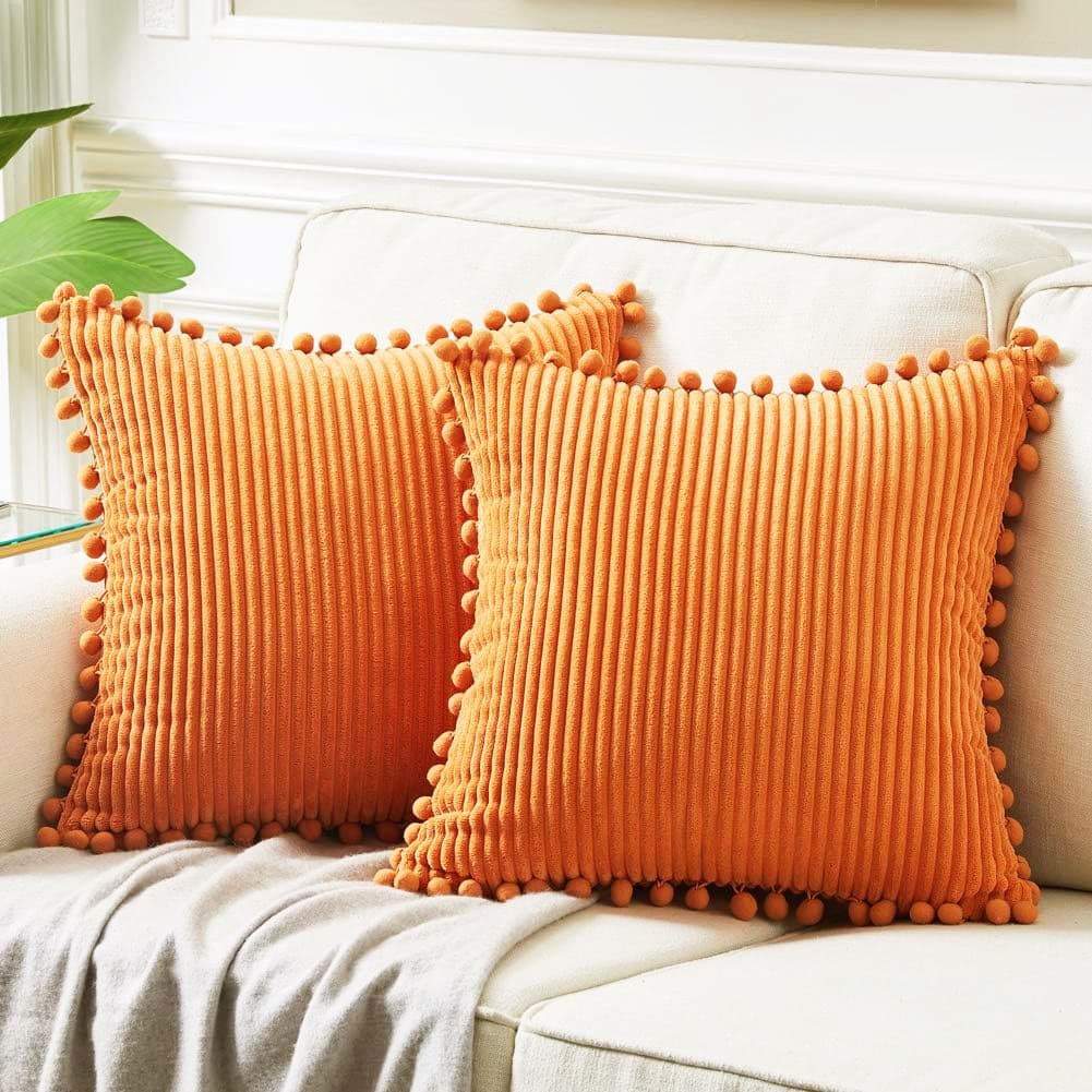 Orange Soft Corduroy Cushion Covers with Pom Trim - 2-Piece Set Decorative