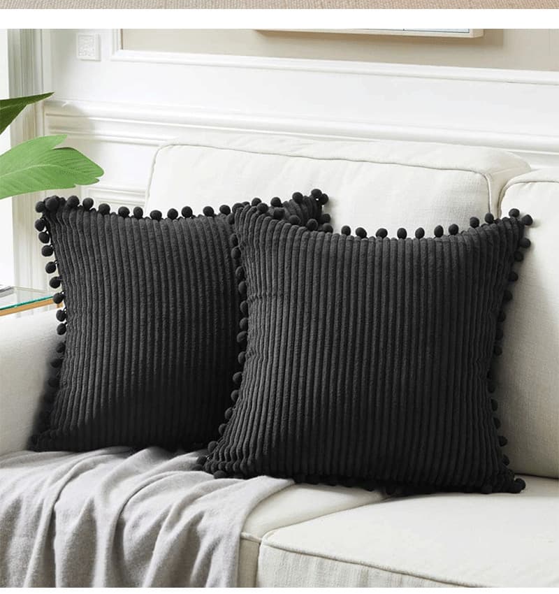 Black Soft Corduroy Cushion Covers with Pom Trim - 2-Piece Set Decorative