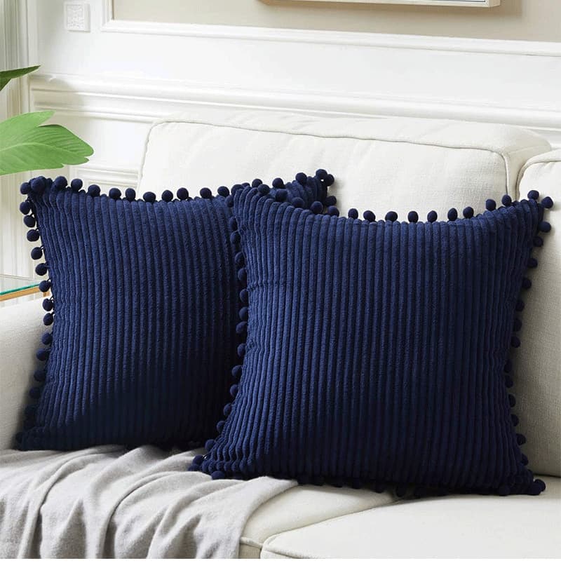 Navy Blue Soft Corduroy Cushion Covers with Pom Trim - 2-Piece Set
